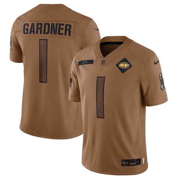 Men%27s New York Jets #1 Sauce Gardner 2023 Brown Salute To Service Limited Football Stitched Jersey Dyin